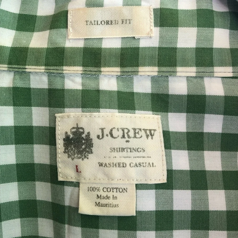 J Crew Gingham Washed Casual  Men's Green/White Dress Shirt Size L